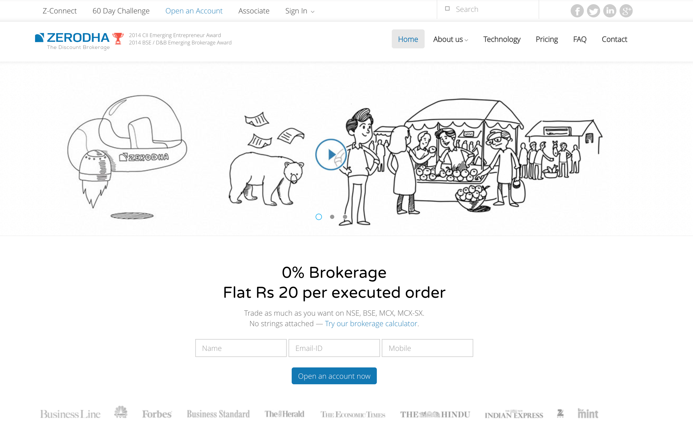 Zerodha homepage redesign showing 0% brokerage and flat Rs 20 per executed order